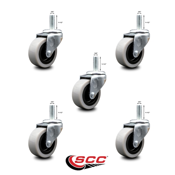 2 Inch Thermoplastic Rubber Wheel 3/8 Inch Threaded Stem Caster SCC, 5PK